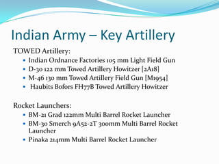 Indian Army – Key Artillery
TOWED Artillery:
   Indian Ordnance Factories 105 mm Light Field Gun
   D-30 122 mm Towed Artillery Howitzer [2A18]
   M-46 130 mm Towed Artillery Field Gun [M1954]
   Haubits Bofors FH77B Towed Artillery Howitzer


Rocket Launchers:
   BM-21 Grad 122mm Multi Barrel Rocket Launcher
   BM-30 Smerch 9A52-2T 300mm Multi Barrel Rocket
    Launcher
   Pinaka 214mm Multi Barrel Rocket Launcher
 