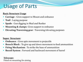 Usage of Parts
Basic Structure Usage
 Carriage : Gives support to Mount and ordnance
 Trail : Laying purpose
 Spade : Gun digging in Mud and Bunker
 Mounting & clamps: Gives support to ordnance
 Elevating/Traversing gear : Traversing/elevating purposes


Super Structure:
 Ordnance : Gives spin movement to projectile
 Breech Block : To give up and down movement to feed ammunition
 Firing Mechanism : To strike the base of ammunition
 Recoil System : Forward and backward movement of barrel


Telescope:
Fitted on mounting for aiming
 