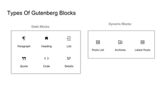 Types Of Gutenberg Blocks
Static Blocks:
Dynamic Blocks:
 