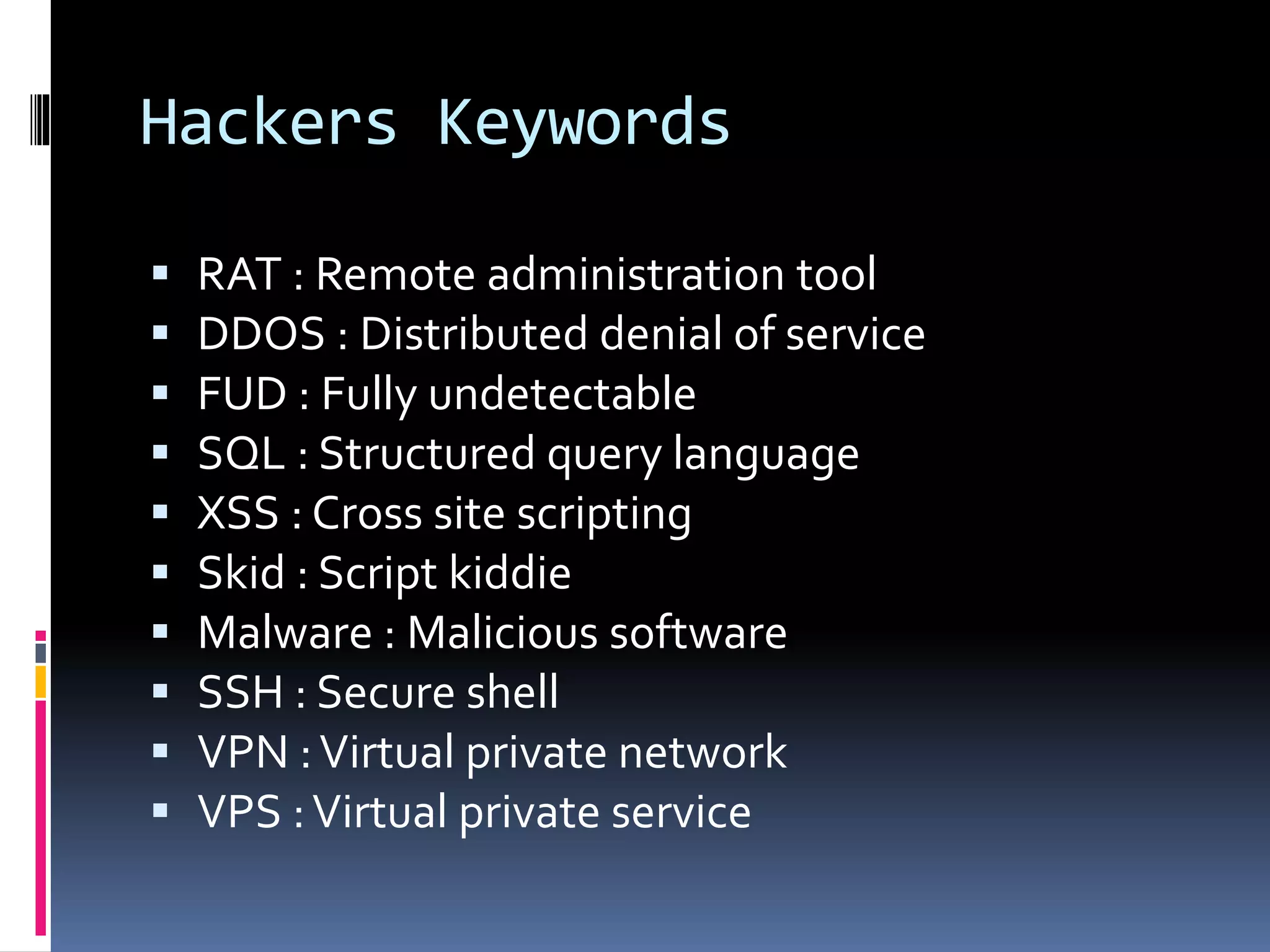 Hackers Keywords
 RAT : Remote administration tool
 DDOS : Distributed denial of service
 FUD : Fully undetectable
 SQL : Structured query language
 XSS : Cross site scripting
 Skid : Script kiddie
 Malware : Malicious software
 SSH : Secure shell
 VPN :Virtual private network
 VPS :Virtual private service
 