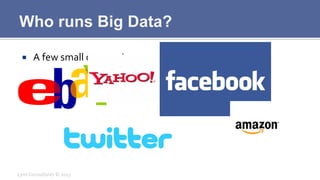 Who runs Big Data?
¡  A	
  few	
  small	
  companies	
  
Lynx	
  Consultants	
  ©	
  2013	
  
 