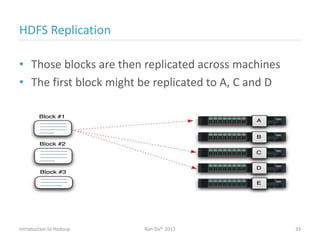 HDFS Replication
• Those blocks are then replicated across machines
• The first block might be replicated to A, C and D
Introduction to Hadoop Ran Ziv© 2012 33
 