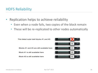 HDFS Reliability
• Replication helps to achieve reliability
• Even when a node fails, two copies of the block remain
• These will be re-replicated to other nodes automatically
Introduction to Hadoop Ran Ziv© 2012 36
 