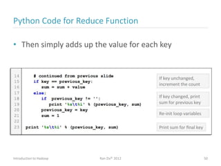 Python Code for Reduce Function
• Then simply adds up the value for each key
Introduction to Hadoop Ran Ziv© 2012 50
 