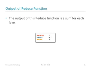 Output of Reduce Function
• The output of this Reduce function is a sum for each
level
Introduction to Hadoop Ran Ziv© 2012 51
 
