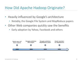 How Did Apache Hadoop Originate?
• Heavily inﬂuenced by Google’s architecture
• Notably, the Google File System and MapReduce papers
• Other Web companies quickly saw the beneﬁts
• Early adoption by Yahoo, Facebook and others
Introduction to Hadoop Ran Ziv© 2012 8
 
