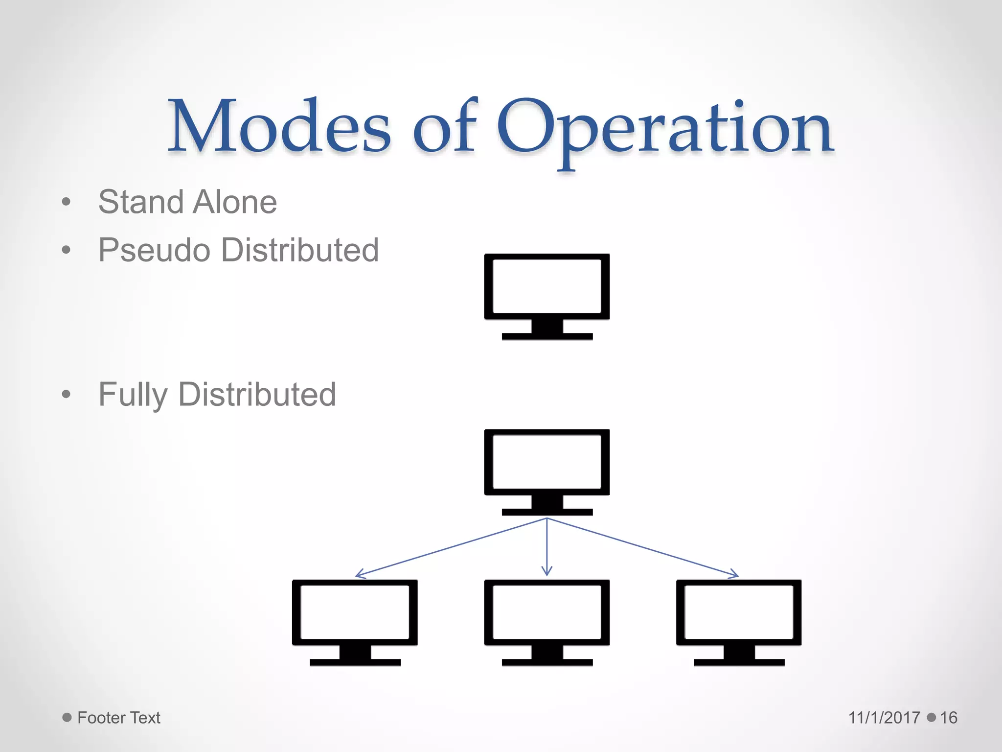 Modes of Operation
• Stand Alone
• Pseudo Distributed
• Fully Distributed
11/1/2017Footer Text 16
 