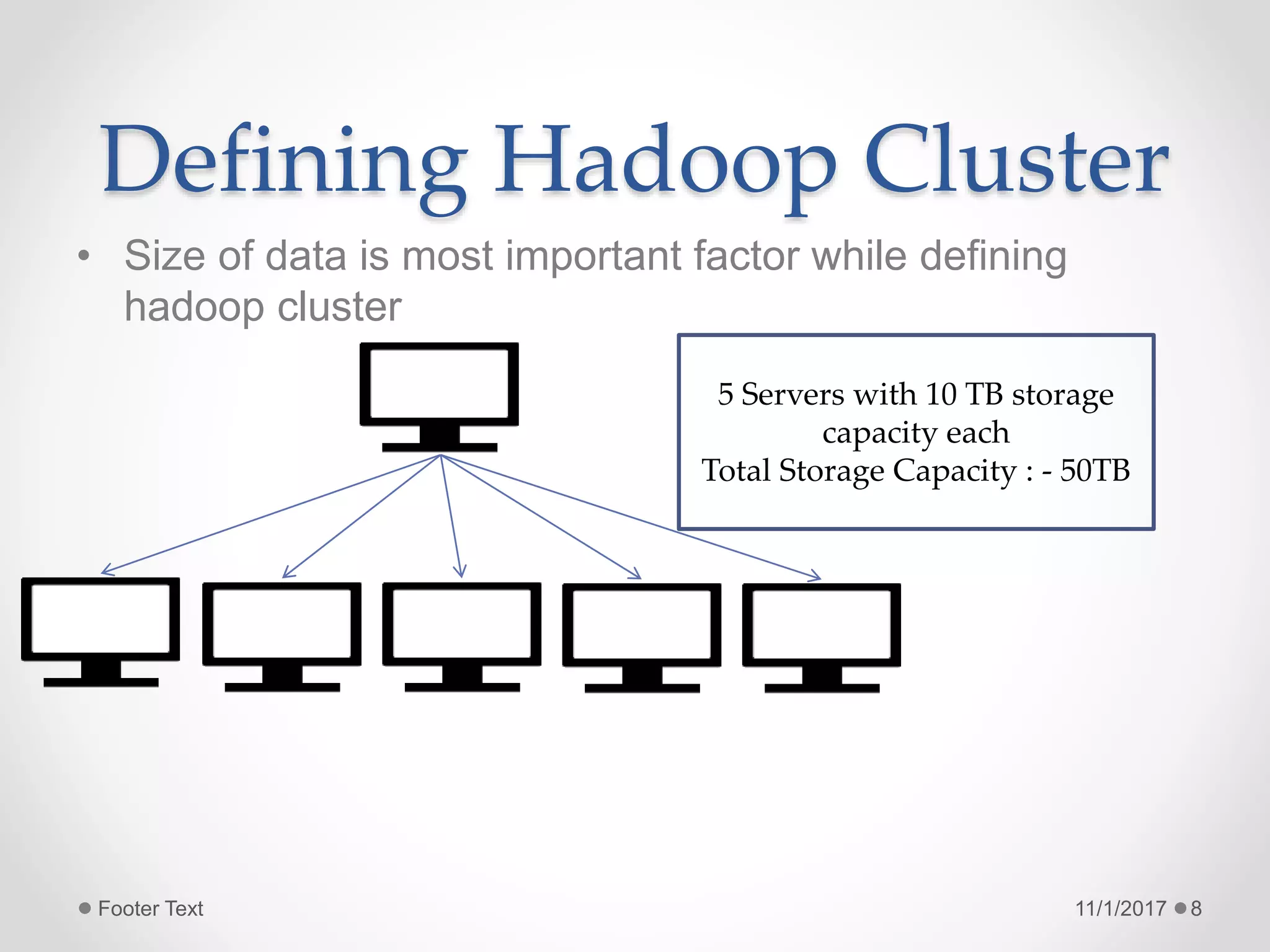 Defining Hadoop Cluster
• Size of data is most important factor while defining
hadoop cluster
11/1/2017Footer Text 8
5 Servers with 10 TB storage
capacity each
Total Storage Capacity : - 50TB
 