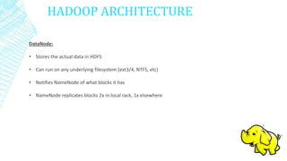 HADOOP ARCHITECTURE
DataNode:
• Stores the actual data in HDFS
• Can run on any underlying filesystem (ext3/4, NTFS, etc)
• Notifies NameNode of what blocks it has
• NameNode replicates blocks 2x in local rack, 1x elsewhere
 