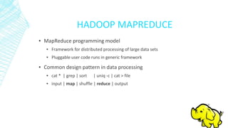 HADOOP MAPREDUCE
▪ MapReduce programming model
▪ Framework for distributed processing of large data sets
▪ Pluggable user code runs in generic framework
▪ Common design pattern in data processing
▪ cat * | grep | sort | uniq -c | cat > file
▪ input | map | shuffle | reduce | output
 