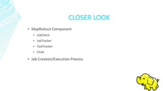 CLOSER LOOK
▪ MapReduce Component
▪ JobClient
▪ JobTracker
▪ TaskTracker
▪ Child
▪ Job Creation/Execution Process
 