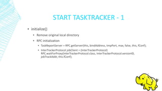 START TASKTRACKER - 1
▪ initialize()
▪ Remove original local directory
▪ RPC initialization
▪ TaskReportServer = RPC.getServer(this, bindAddress, tmpPort, max, false, this, fConf);
▪ InterTrackerProtocol jobClient = (InterTrackerProtocol)
RPC.waitForProxy(InterTrackerProtocol.class, InterTrackerProtocol.versionID,
jobTrackAddr, this.fConf);
 