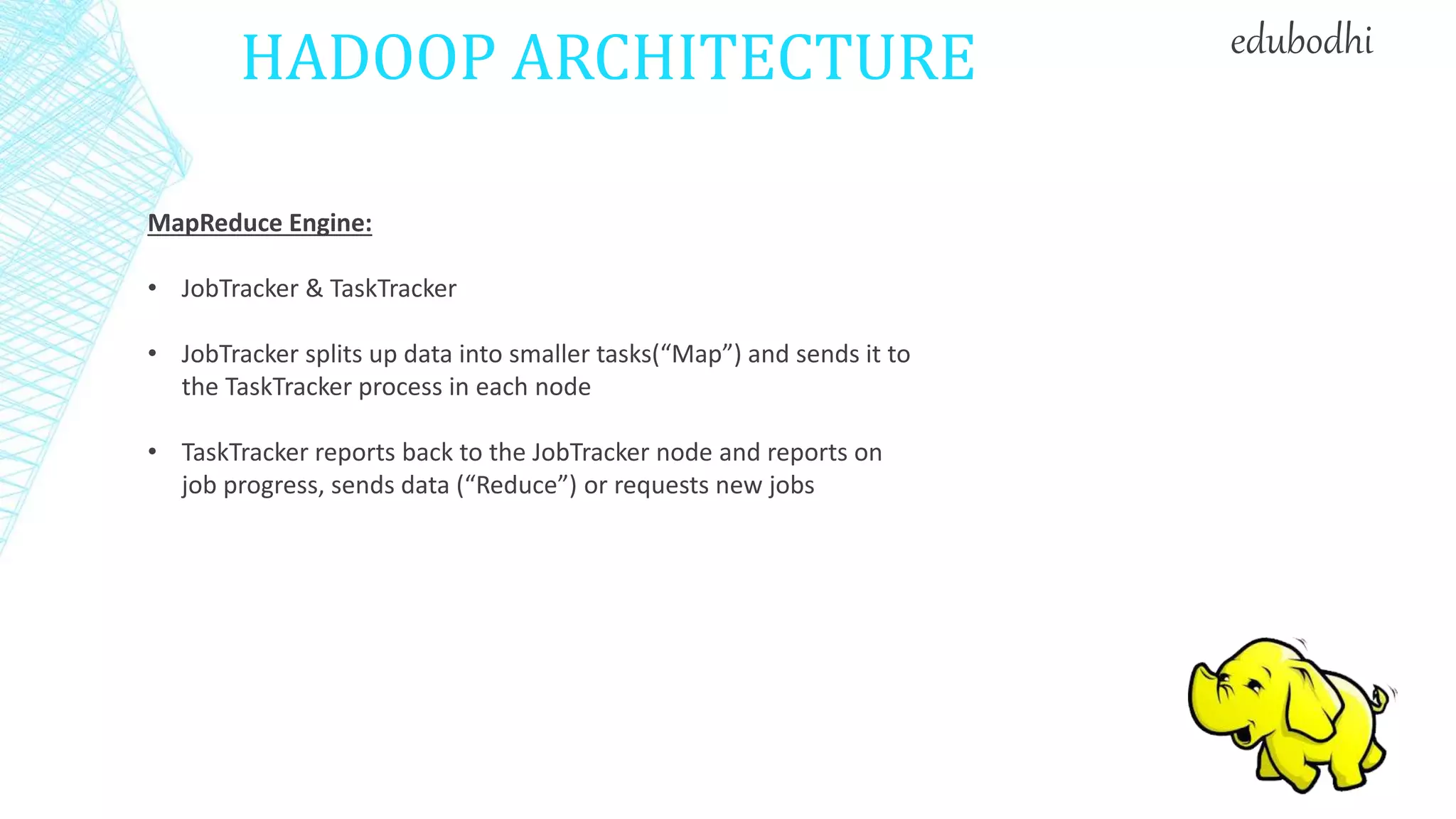 HADOOP ARCHITECTURE
MapReduce Engine:
• JobTracker & TaskTracker
• JobTracker splits up data into smaller tasks(“Map”) and sends it to
the TaskTracker process in each node
• TaskTracker reports back to the JobTracker node and reports on
job progress, sends data (“Reduce”) or requests new jobs
edubodhi
 