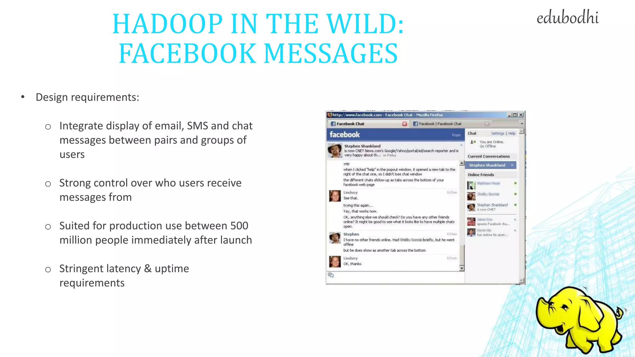 HADOOP IN THE WILD:
FACEBOOK MESSAGES
• Design requirements:
o Integrate display of email, SMS and chat
messages between pairs and groups of
users
o Strong control over who users receive
messages from
o Suited for production use between 500
million people immediately after launch
o Stringent latency & uptime
requirements
edubodhi
 