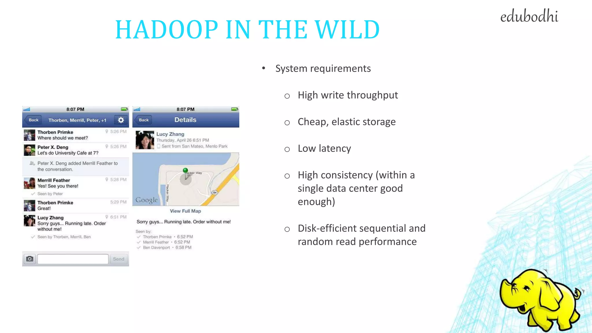 HADOOP IN THE WILD
• System requirements
o High write throughput
o Cheap, elastic storage
o Low latency
o High consistency (within a
single data center good
enough)
o Disk-efficient sequential and
random read performance
edubodhi
 