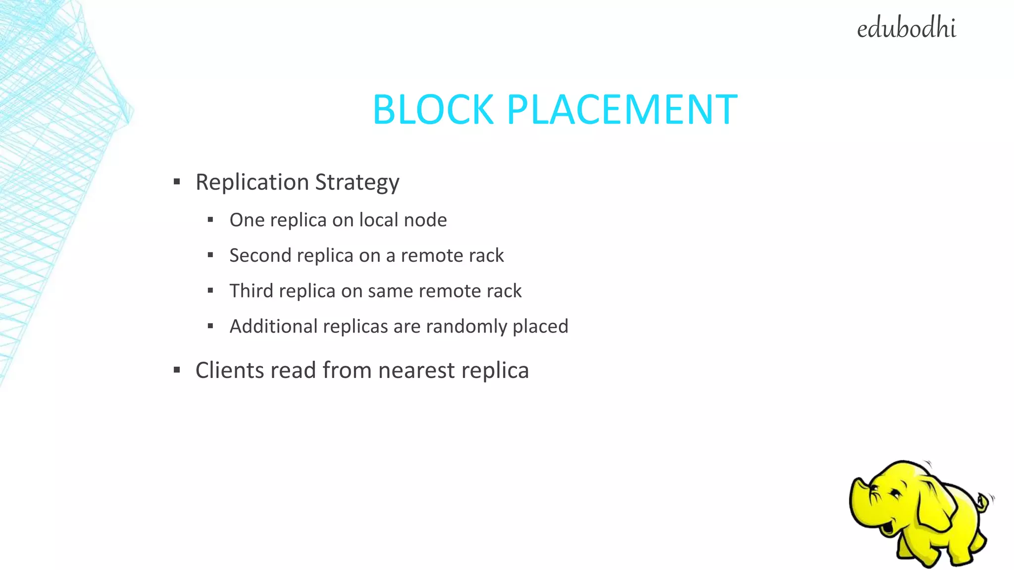 BLOCK PLACEMENT
▪ Replication Strategy
▪ One replica on local node
▪ Second replica on a remote rack
▪ Third replica on same remote rack
▪ Additional replicas are randomly placed
▪ Clients read from nearest replica
edubodhi
 