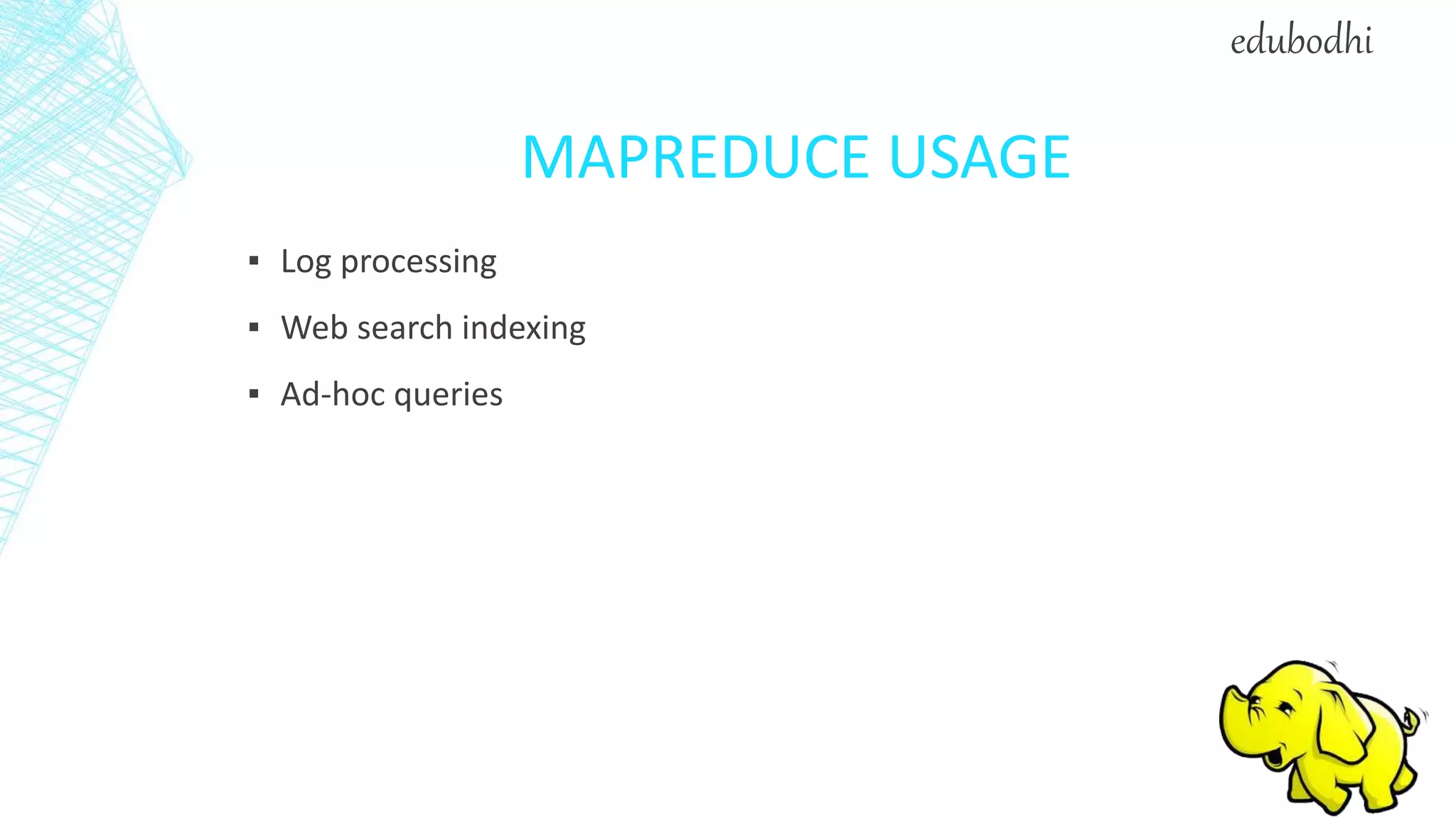 MAPREDUCE USAGE
▪ Log processing
▪ Web search indexing
▪ Ad-hoc queries
edubodhi
 