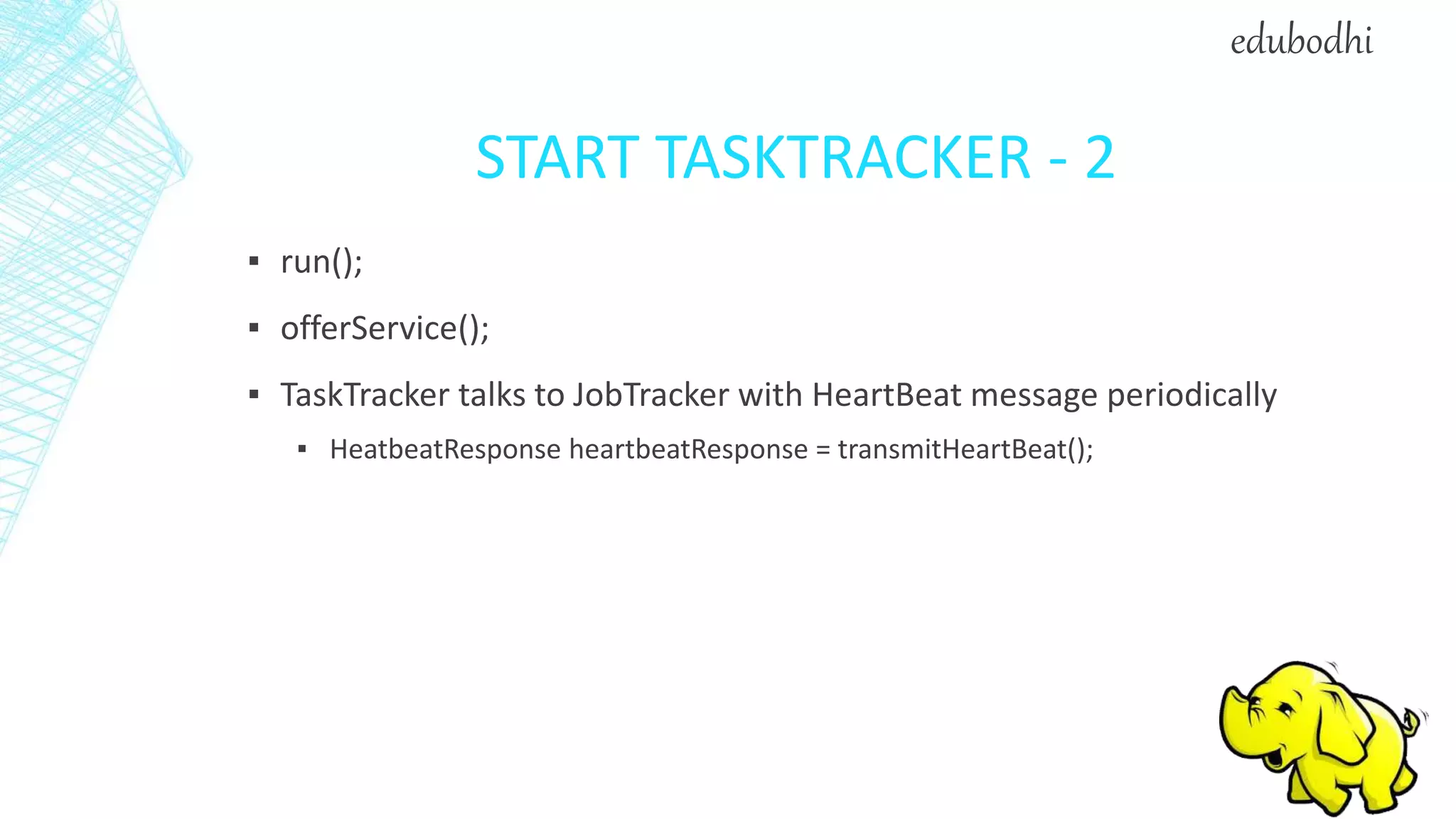 START TASKTRACKER - 2
▪ run();
▪ offerService();
▪ TaskTracker talks to JobTracker with HeartBeat message periodically
▪ HeatbeatResponse heartbeatResponse = transmitHeartBeat();
edubodhi
 