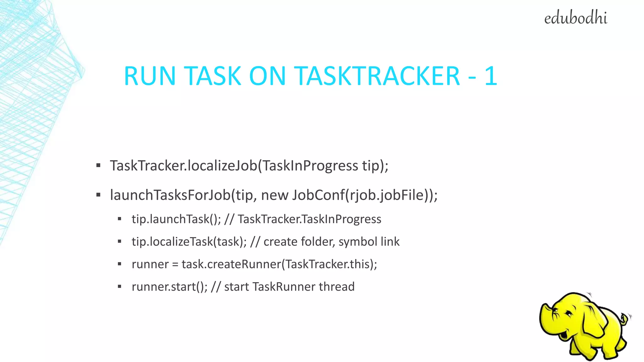 RUN TASK ON TASKTRACKER - 1
▪ TaskTracker.localizeJob(TaskInProgress tip);
▪ launchTasksForJob(tip, new JobConf(rjob.jobFile));
▪ tip.launchTask(); // TaskTracker.TaskInProgress
▪ tip.localizeTask(task); // create folder, symbol link
▪ runner = task.createRunner(TaskTracker.this);
▪ runner.start(); // start TaskRunner thread
edubodhi
 