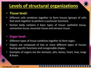 Introduction to HAP
Levels of structural organizations
• Tissue level:
• Different cells combines together to form tissues (groups of cells
that work together to perform a particular function).
• Human body contains 4 basic types of tissue: epithelial tissue,
connective tissue, muscular tissue and nervous tissue.
• Organ level:
• Different types of tissue combines together to form organ.
• Organs are composed of two or more different types of tissues
having specific functions and recognizable shapes.
• Examples of organs are the stomach, skin, bones, heart, liver, lungs
& brain.
 