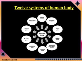 Introduction to HAP
Twelve systems of human body
Human
body
Digestive
system
Respiratory
system
Urinary
system
Nervous
system
Reproductive
system (Male &
Female)
Endocrine
system
cardiovascualr
system
Muscular
system
Lymphatic
system
Special sense
organs
 