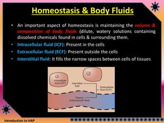 Introduction to HAP
Homeostasis & Body Fluids
• An important aspect of homeostasis is maintaining the volume &
composition of body fluids (dilute, watery solutions containing
dissolved chemicals found in cells & surrounding them.
• Intracellular fluid (ICF): Present in the cells
• Extracellular fluid (ECF): Present outside the cells
• Interstitial fluid: It fills the narrow spaces between cells of tissues
 