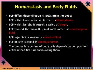 Introduction to HAP
Homeostasis and Body Fluids
• ECF differs depending on its location in the body:
• ECF within blood vessels is termed as blood plasma.
• ECF within lymphatic vessels it called as lymph.
• ECF around the brain & spinal cord known as cerebrospinal
fluid.
• ECF in joints it is referred as synovial fluid.
• ECF of eyes is called as aqueous humor.
• The proper functioning of body cells depends on composition
of the interstitial fluid surrounding them.
 