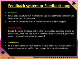 Introduction to HAP
Feedback system or Feedback loop
• Receptor:
• It is a body structure that monitors changes in a controlled condition and
sends input to a control centre.
• The input is sent in the form of nerve impulses or chemical signals.
• Control centre:
• It sets the range of values within which a controlled condition should be
maintained, evaluates the input it receives from receptors & generates
output commands when they are needed.
• An effector:
• It is a body structure that receives output from the control centre &
produces a response or effect that changes the controlled condition.
 