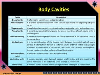 Introduction to HAP
Body Cavities
Cavity Description
Cranial cavity It is formed by cranial bones and contains brain
Vertebral canal It is formed by vertebral column and it contains spinal cord and beginnings of spinal
nerves
Thoracic cavity It is called as chest cavity. It contains pleural and pericaridial cavity and mediastinum
Pleural cavity It presents surrounding the lungs and the serous membrane of each pleural cavity is
called as pleura.
Pericardial cavity It present surrounding the heart and the serous membrane of the pericardial cavity is
the pericardium.
Mediastinum It is the central portion of the thoracic cavity between the medial walls of pleural
cavities. It extends from sternum to verterbal column and from first rib to diaphragm.
It contains all the structure of the thoracic cavity other than the lungs including heart,
thymus, esophgus, trachea and several large blood vessels.
Abdominoplevic
cavity
It is divided into abdominal cavity and pelvic cavity.
Abdominal cavity It contains stomach, splen, liver, gall bladder, small intestine and large intestine. The
serous membrane of the abdominal cavity is called as peritoneum.
Pelvic cavity It contains urinary bladder, portion of large intestine and organs of reproduction.
 