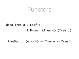 Functors
treeMap :: (a -> b) -> Tree a -> Tree b
data Tree a = Leaf a
| Branch (Tree a) (Tree a)
 