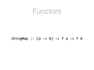 Functors
thingMap :: (a -> b) -> f a -> f b
 