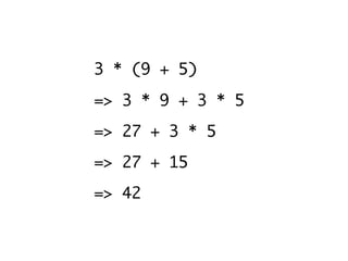 3 * (9 + 5)
=> 3 * 9 + 3 * 5
=> 27 + 3 * 5
=> 27 + 15
=> 42
 