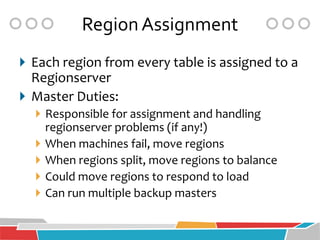 Region Assignment
 Each region from every table is assigned to a
  Regionserver
 Master Duties:
   Responsible for assignment and handling
      regionserver problems (if any!)
     When machines fail, move regions
     When regions split, move regions to balance
     Could move regions to respond to load
     Can run multiple backup masters
 