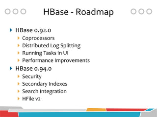 HBase - Roadmap
 HBase 0.92.0
   Coprocessors
   Distributed Log Splitting
   Running Tasks in UI
   Performance Improvements
 HBase 0.94.0
   Security
   Secondary Indexes
   Search Integration
   HFile v2
 