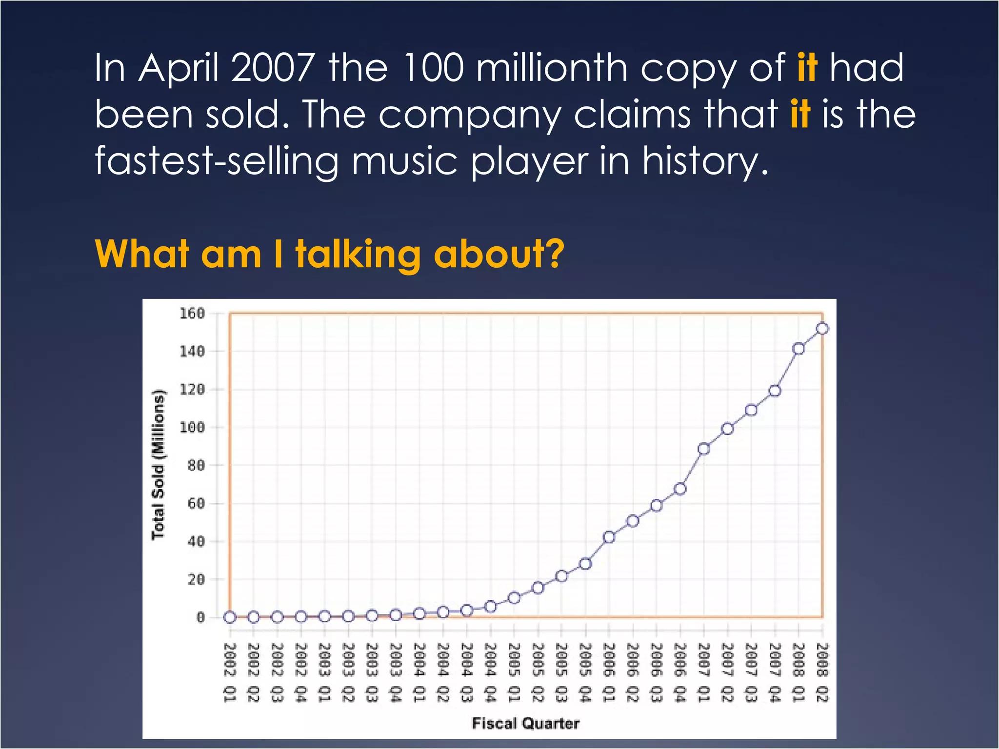 In April 2007 the 100 millionth copy of  it  had been sold. The company claims that  it  is the fastest-selling music player in history. What am I talking about? 