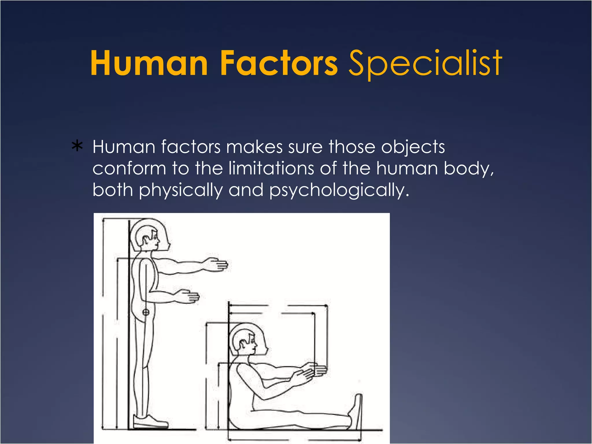 Human Factors  Specialist Human factors makes sure those objects conform to the limitations of the human body, both physically and psychologically. 