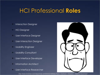 HCI Professional  Roles Interaction Designer  HCI Designer  User Interface Designer User Interaction Designer Usability Engineer Usability Consultant User Interface Developer Information Architect User Interface Researcher http://www.fundraw.com/clipart/clip-art/00003218/Male-Face---Cartoon---Glasses---Slightly-Surprised/ 