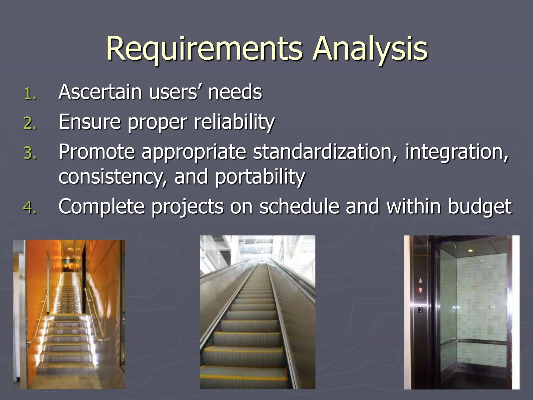 Requirements Analysis
1. Ascertain users’ needs
2. Ensure proper reliability
3. Promote appropriate standardization, integration,
consistency, and portability
4. Complete projects on schedule and within budget
 