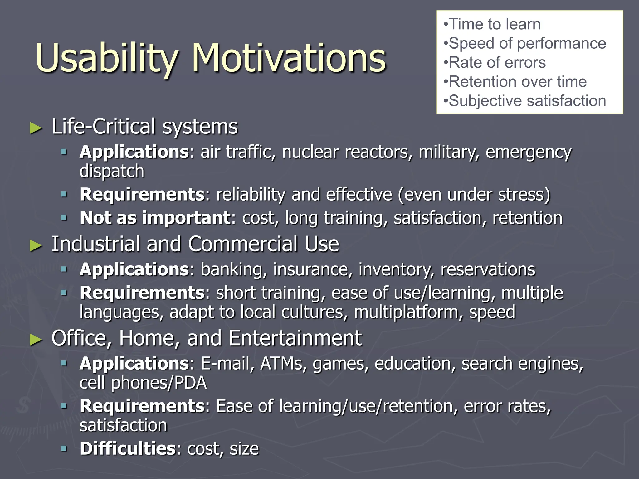 Usability Motivations
► Life-Critical systems
 Applications: air traffic, nuclear reactors, military, emergency
dispatch
 Requirements: reliability and effective (even under stress)
 Not as important: cost, long training, satisfaction, retention
► Industrial and Commercial Use
 Applications: banking, insurance, inventory, reservations
 Requirements: short training, ease of use/learning, multiple
languages, adapt to local cultures, multiplatform, speed
► Office, Home, and Entertainment
 Applications: E-mail, ATMs, games, education, search engines,
cell phones/PDA
 Requirements: Ease of learning/use/retention, error rates,
satisfaction
 Difficulties: cost, size
•Time to learn
•Speed of performance
•Rate of errors
•Retention over time
•Subjective satisfaction
 