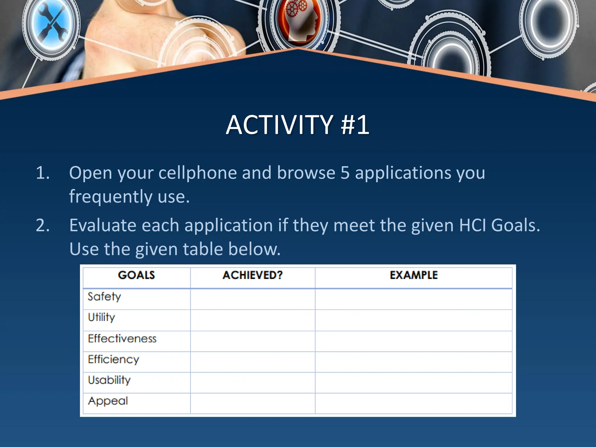 ACTIVITY #1
1. Open your cellphone and browse 5 applications you
frequently use.
2. Evaluate each application if they meet the given HCI Goals.
Use the given table below.
 