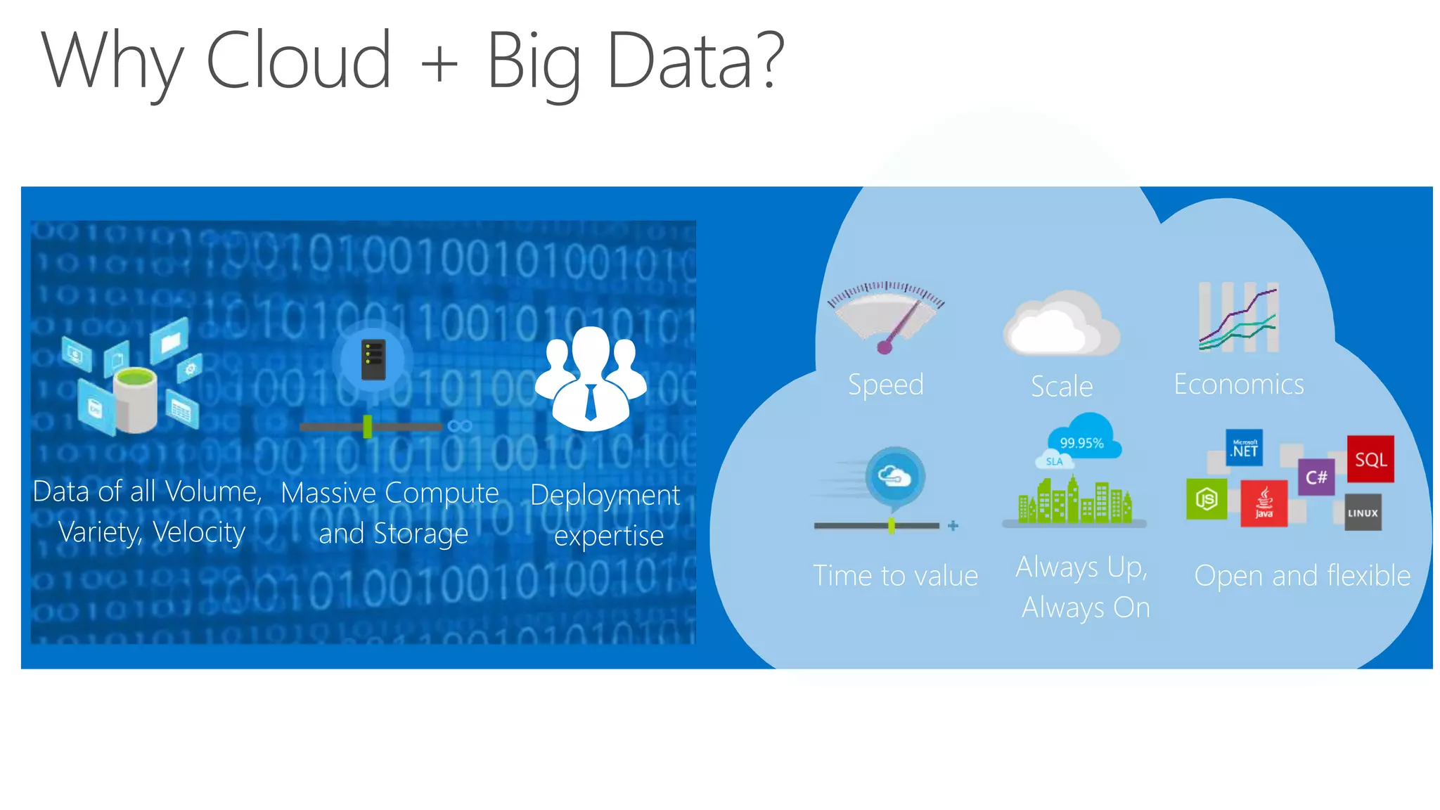 Why Cloud + Big Data?
Speed Scale Economics
Always Up,
Always On
Open and flexibleTime to value
Data of all Volume,
Variety, Velocity
Massive Compute
and Storage
Deployment
expertise
 