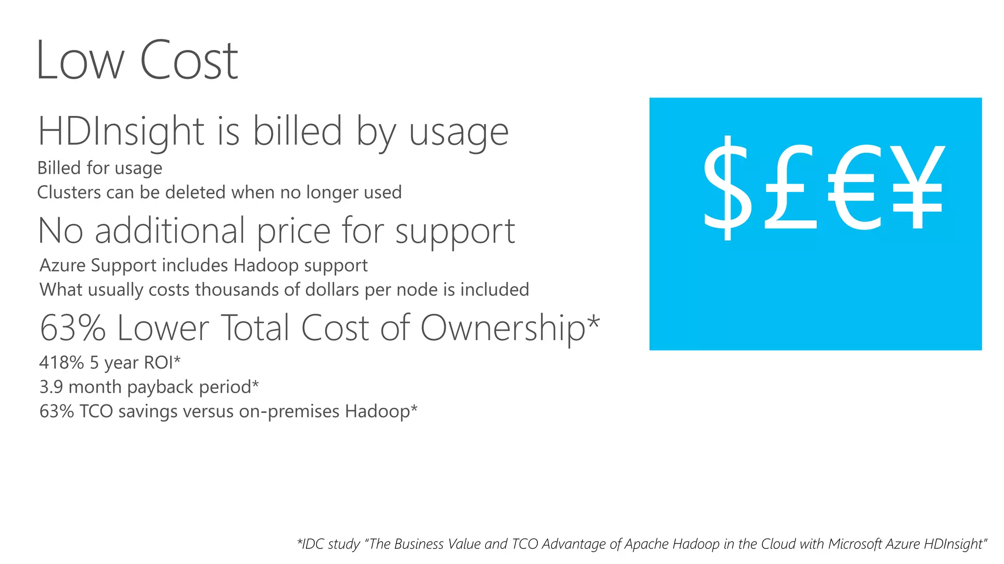 Low Cost
$£€¥
*IDC study “The Business Value and TCO Advantage of Apache Hadoop in the Cloud with Microsoft Azure HDInsight”
 