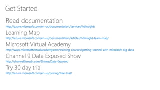 Get Started
http://azure.microsoft.com/en-us/documentation/services/hdinsight/
http://azure.microsoft.com/en-us/documentation/articles/hdinsight-learn-map/
http://www.microsoftvirtualacademy.com/training-courses/getting-started-with-microsoft-big-data
http://channel9.msdn.com/Shows/Data-Exposed
http://azure.microsoft.com/en-us/pricing/free-trial/
 