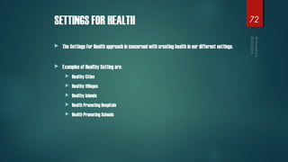 SETTINGS FOR HEALTH
 The Settings For Health approach in concerned with creating health in our different settings.
 Exam...