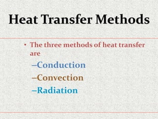 Heat Transfer Methods
• The three methods of heat transfer
are
–Conduction
–Convection
–Radiation
 