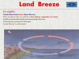 Land Breeze
At night:
•Land loses heat faster than the sea.
•Hot air above the sea which is less dense, expands and rises.
•Cold air from the land moves towards the sea.
•Convection current is formed.
•Land Breeze is obtained.
 