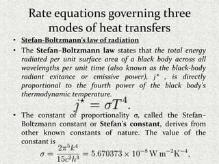 Rate equations governing three
modes of heat transfers
• Stefan-Boltzmann’s law of radiation
• The Stefan–Boltzmann law states that the total energy
radiated per unit surface area of a black body across all
wavelengths per unit time (also known as the black-body
radiant exitance or emissive power), j* , is directly
proportional to the fourth power of the black body's
thermodynamic temperature.
• The constant of proportionality σ, called the Stefan–
Boltzmann constant or Stefan's constant, derives from
other known constants of nature. The value of the
constant is
 