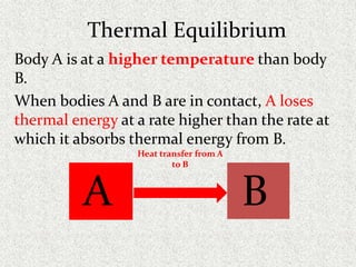 Thermal Equilibrium
Body A is at a higher temperature than body
B.
When bodies A and B are in contact, A loses
thermal energy at a rate higher than the rate at
which it absorbs thermal energy from B.
BA
Heat transfer from A
to B
 