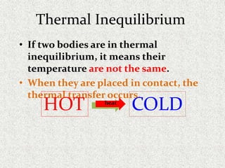 Thermal Inequilibrium
• If two bodies are in thermal
inequilibrium, it means their
temperature are not the same.
• When they are placed in contact, the
thermal transfer occurs.
HOT COLDheat
 