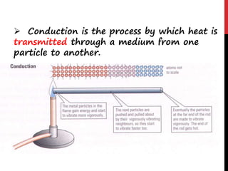  Conduction is the process by which heat is
transmitted through a medium from one
particle to another.
 